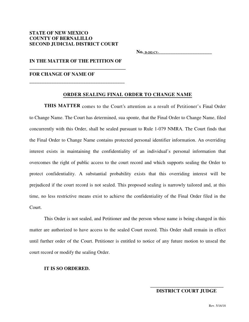 Order Sealing Name Change Under 14 | Pdf Fpdf Docx | New Mexico