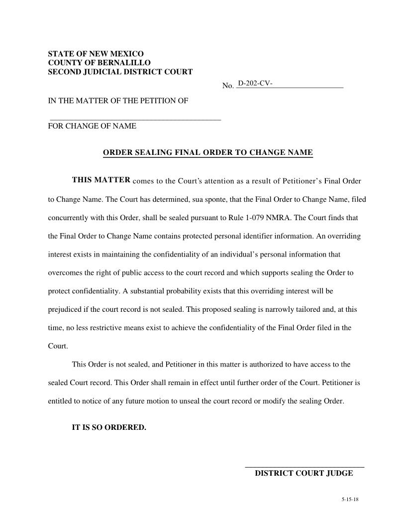 Order Sealing Name Change | Pdf Fpdf Docx | New Mexico