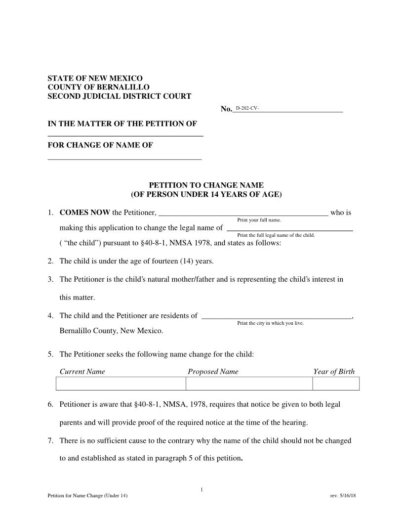 Petition To Change Name Under 14 | Pdf Fpdf Docx | New Mexico
