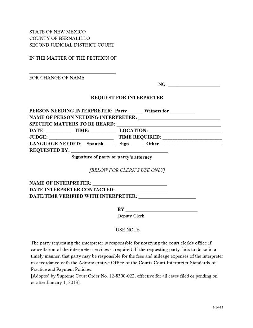 Request For Interpreter In Name Change | Pdf Fpdf Docx | New Mexico