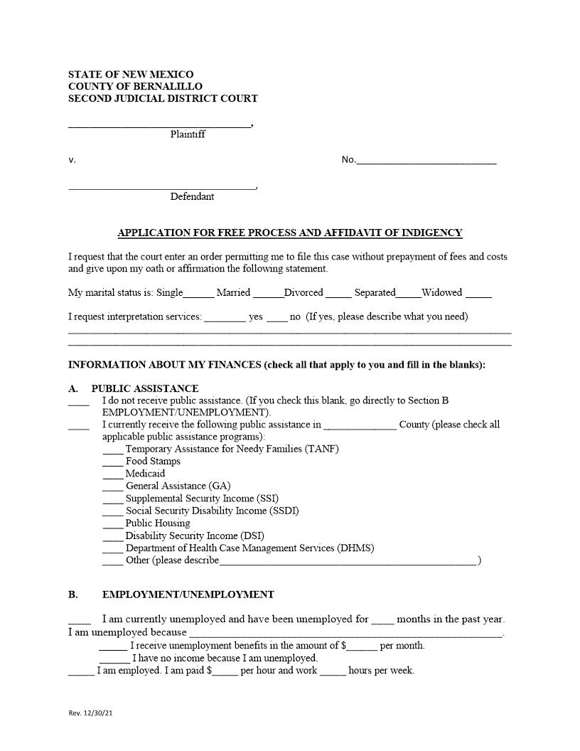 Temporary Application for Free Process (COVID19) | Pdf Fpdf Docx | New Mexico