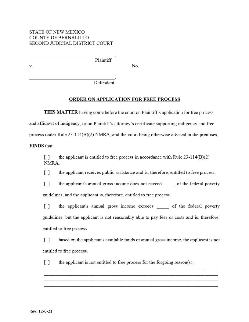 Temporary Order on Application for Free Process (COVID19) | Pdf Fpdf Docx | New Mexico