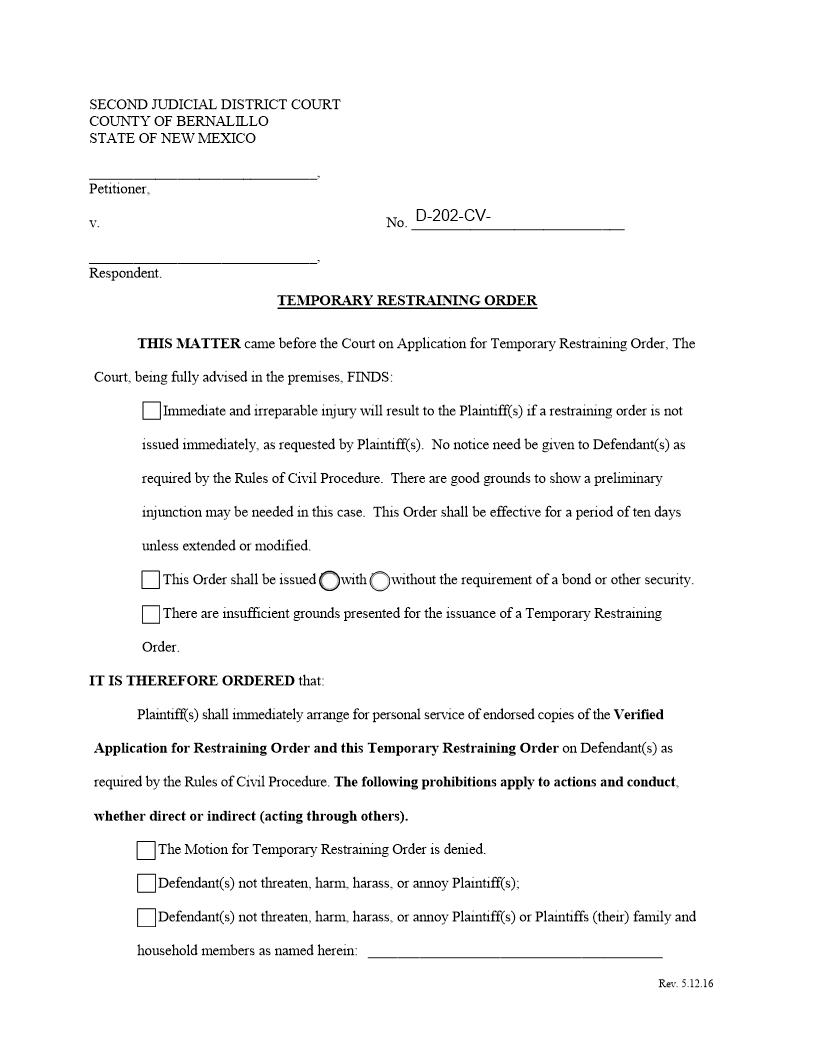 Temporary Restraining Order | Pdf Fpdf Docx | New Mexico