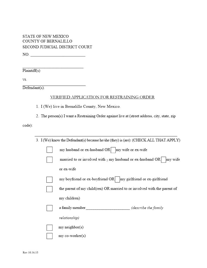 Verified Application For Restraining Order | Pdf Fpdf Docx | New Mexico