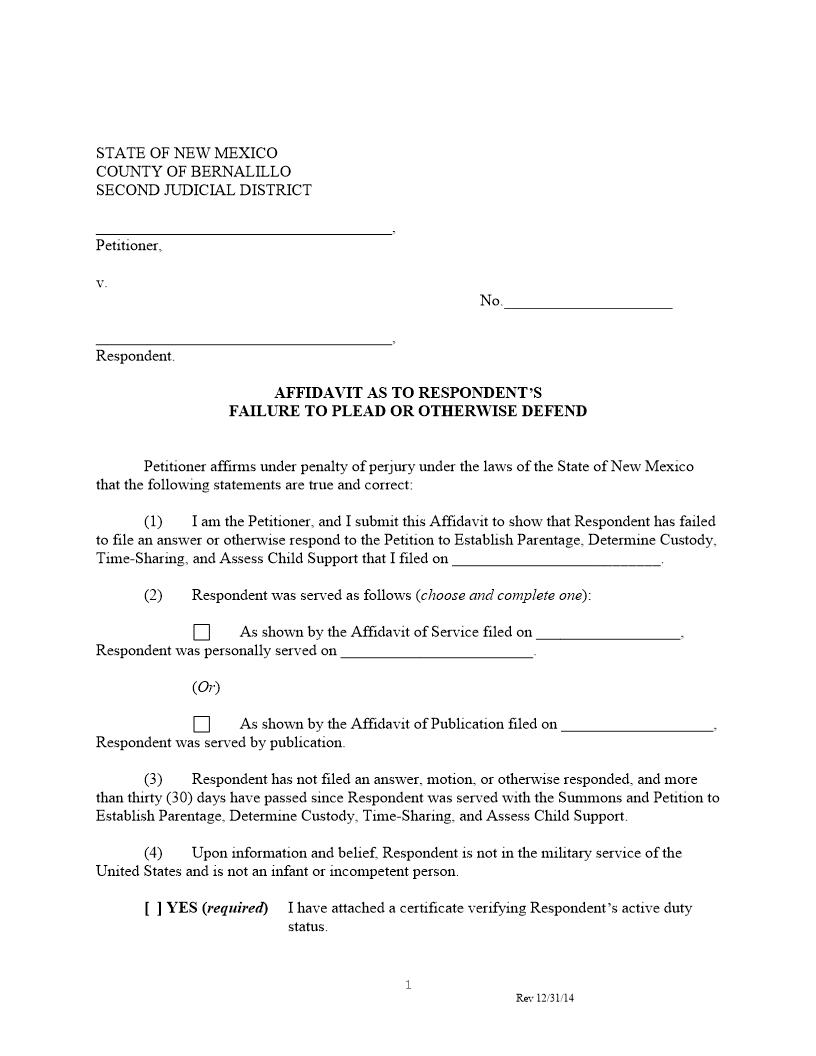 Affidavit As To Respondents Failure To Plead | Pdf Fpdf Docx | New Mexico