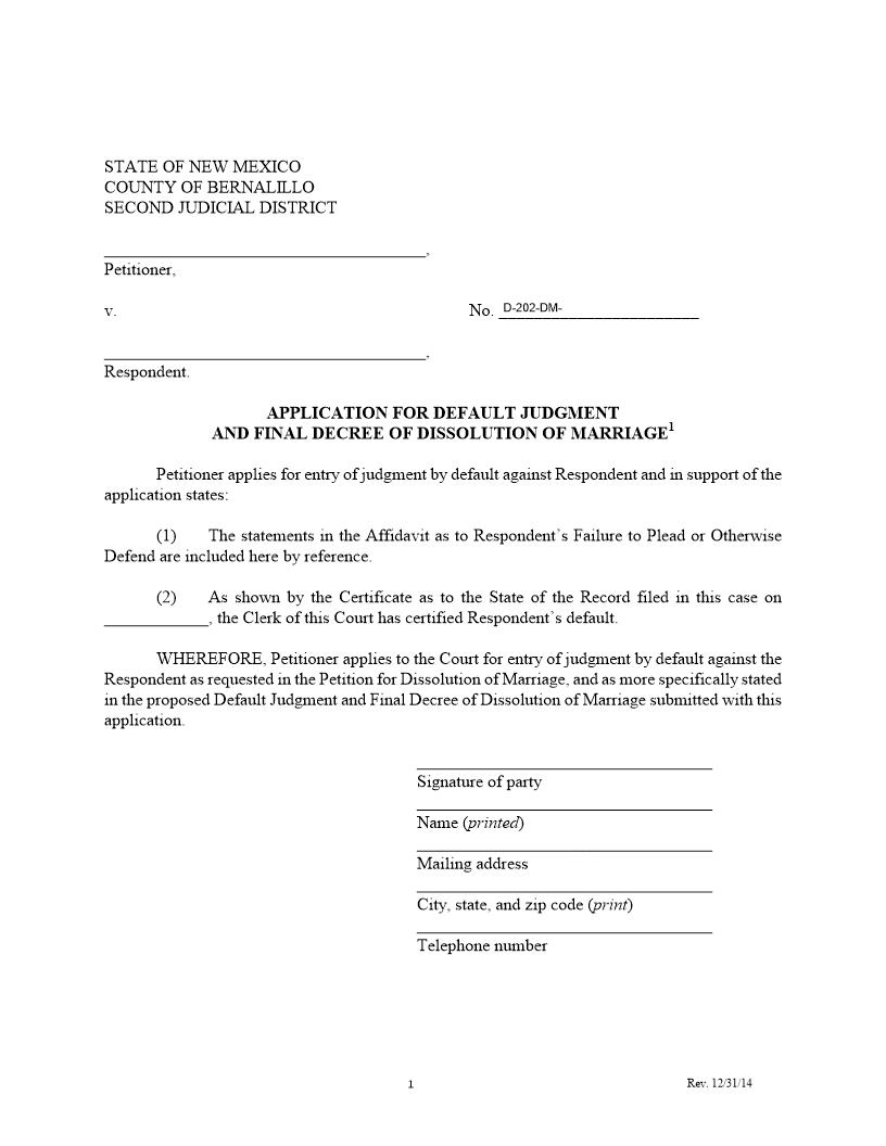 Application For Default Judgment And Final Decree Of Dissolution | Pdf Fpdf Docx | New Mexico