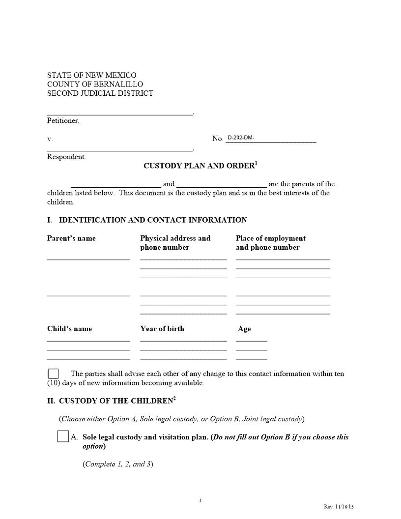 Custody Plan | Pdf Fpdf Docx | New Mexico