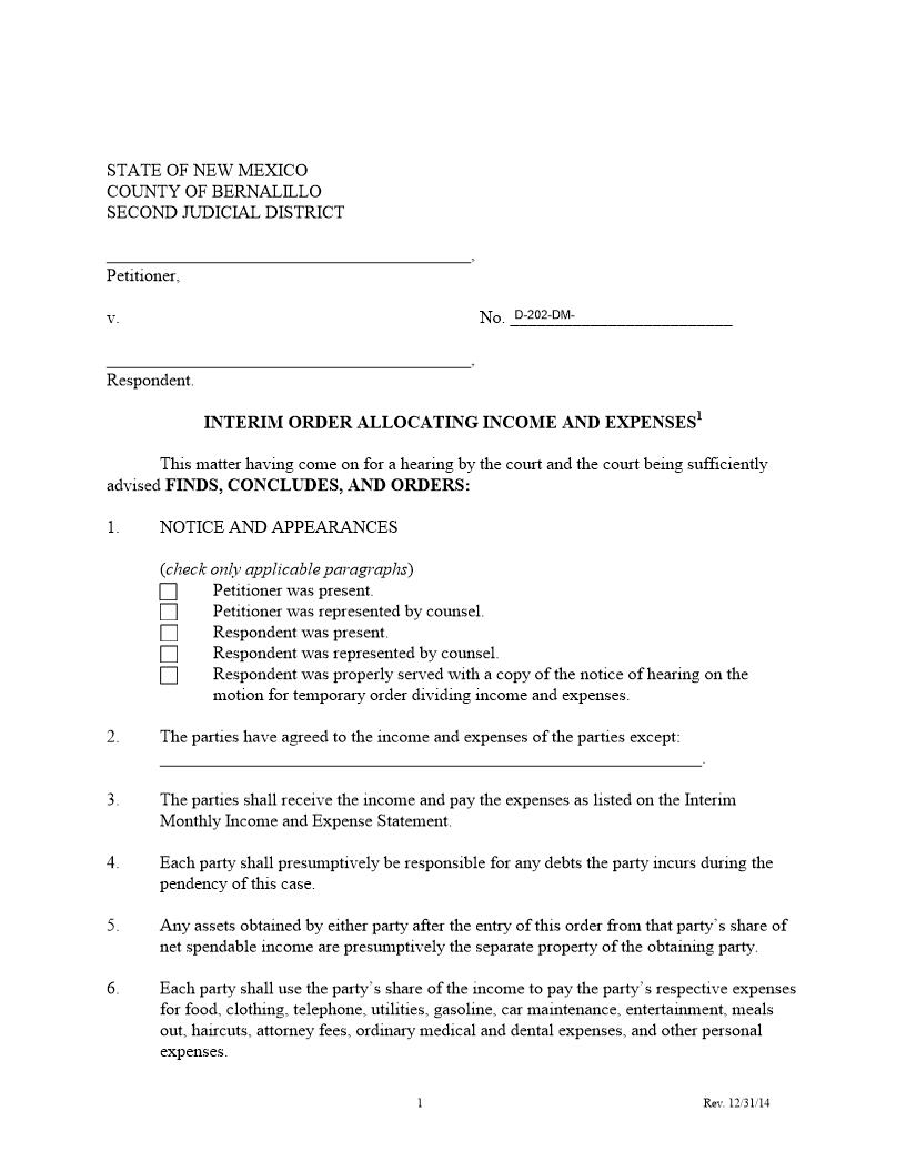 Interim Order Allocating Income And Expenses | Pdf Fpdf Docx | New Mexico