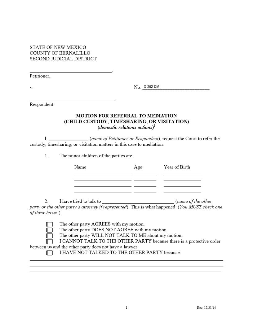 Motion For Referral To Mediation Custody | Pdf Fpdf Docx | New Mexico