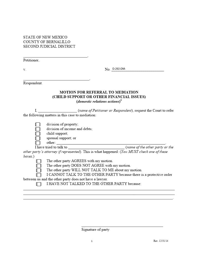 Motion For Referral To Mediation Support | Pdf Fpdf Docx | New Mexico