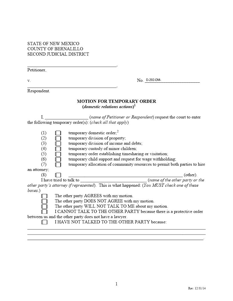 Motion For Temporary Order | Pdf Fpdf Docx | New Mexico