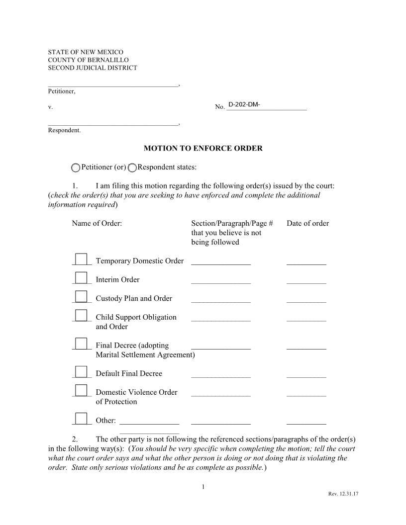 Motion To Enforce Order | Pdf Fpdf Docx | New Mexico