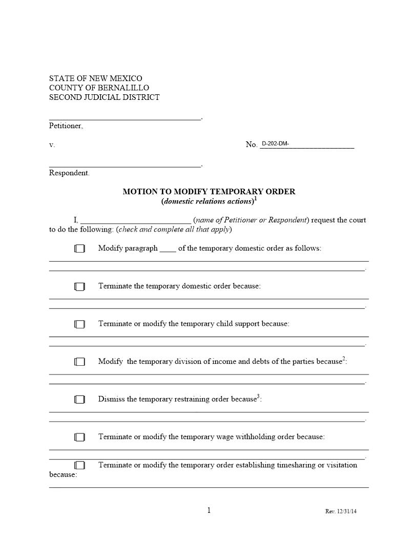 Motion To Modify Temporary Order | Pdf Fpdf Docx | New Mexico