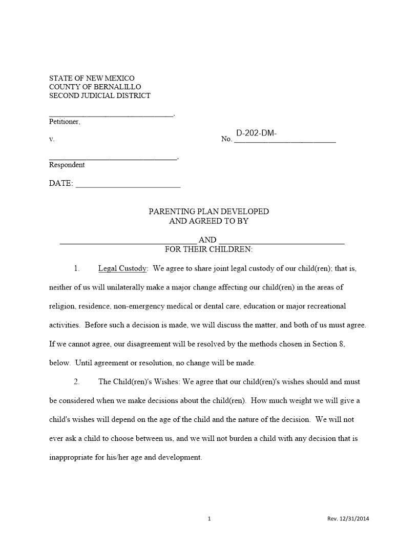 Parenting Plan | Pdf Fpdf Docx | New Mexico