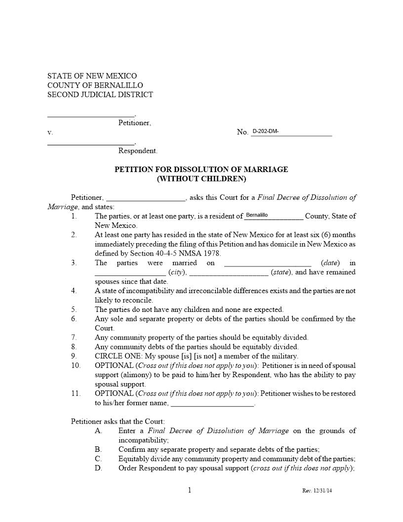 Petition For Dissolution Of Marriage No Children | Pdf Fpdf Docx | New Mexico