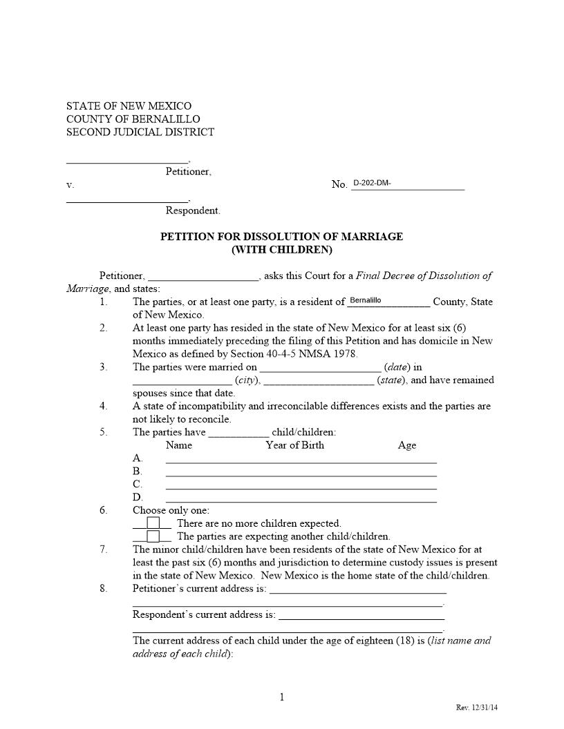 Petition For Dissolution Of Marriage With Children | Pdf Fpdf Docx | New Mexico