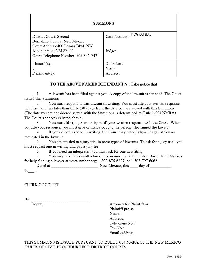 Summons | Pdf Fpdf Docx | New Mexico