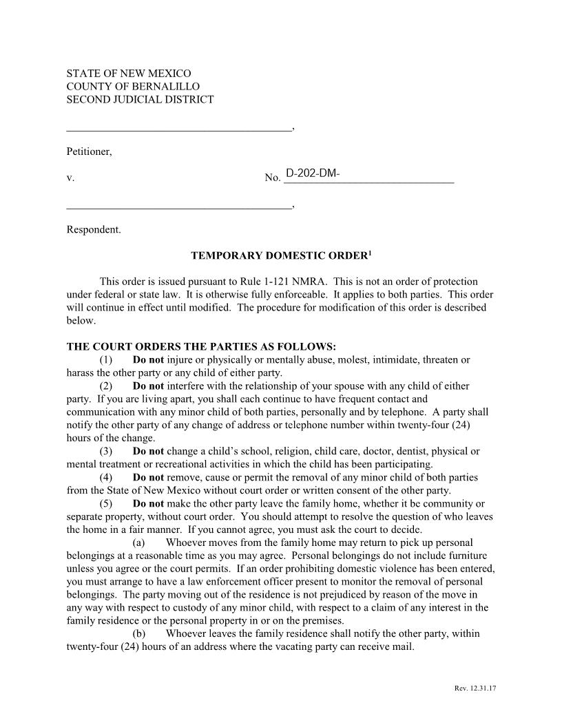 Temporary Domestic Order | Pdf Fpdf Docx | New Mexico