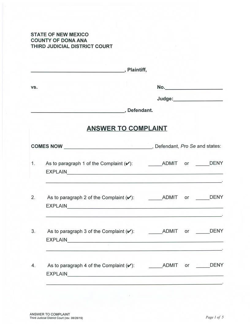 Answer To Complaint | Pdf Fpdf Docx | New Mexico