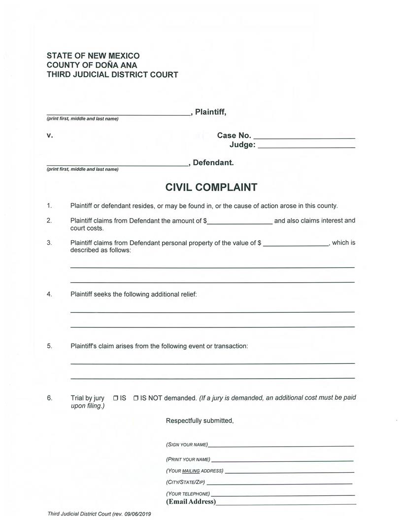 Civil Complaint And Summons | Pdf Fpdf Docx | New Mexico