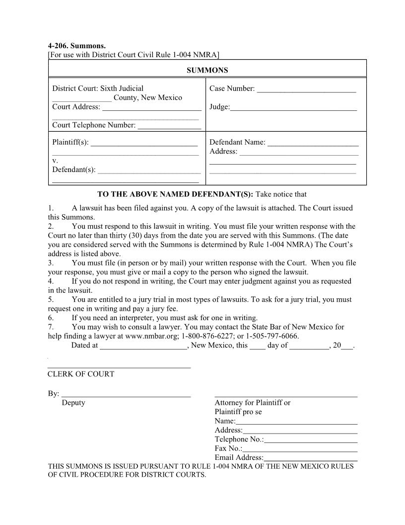 Civil Summons | Pdf Fpdf Docx | New Mexico