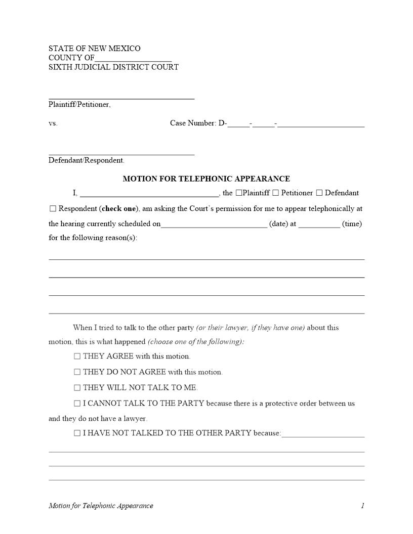 Motion And Order For Telephonic Appearance | Pdf Fpdf Docx | New Mexico