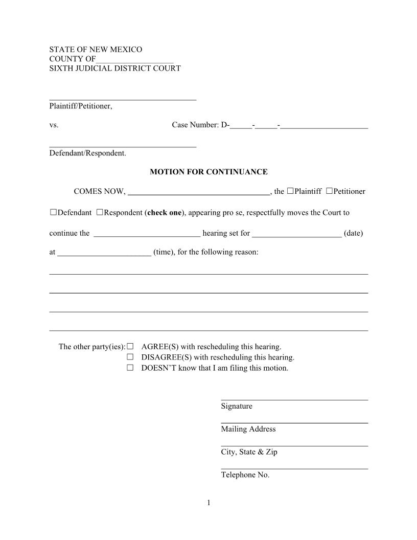 Motion And Order To Continue Hearing | Pdf Fpdf Docx | New Mexico