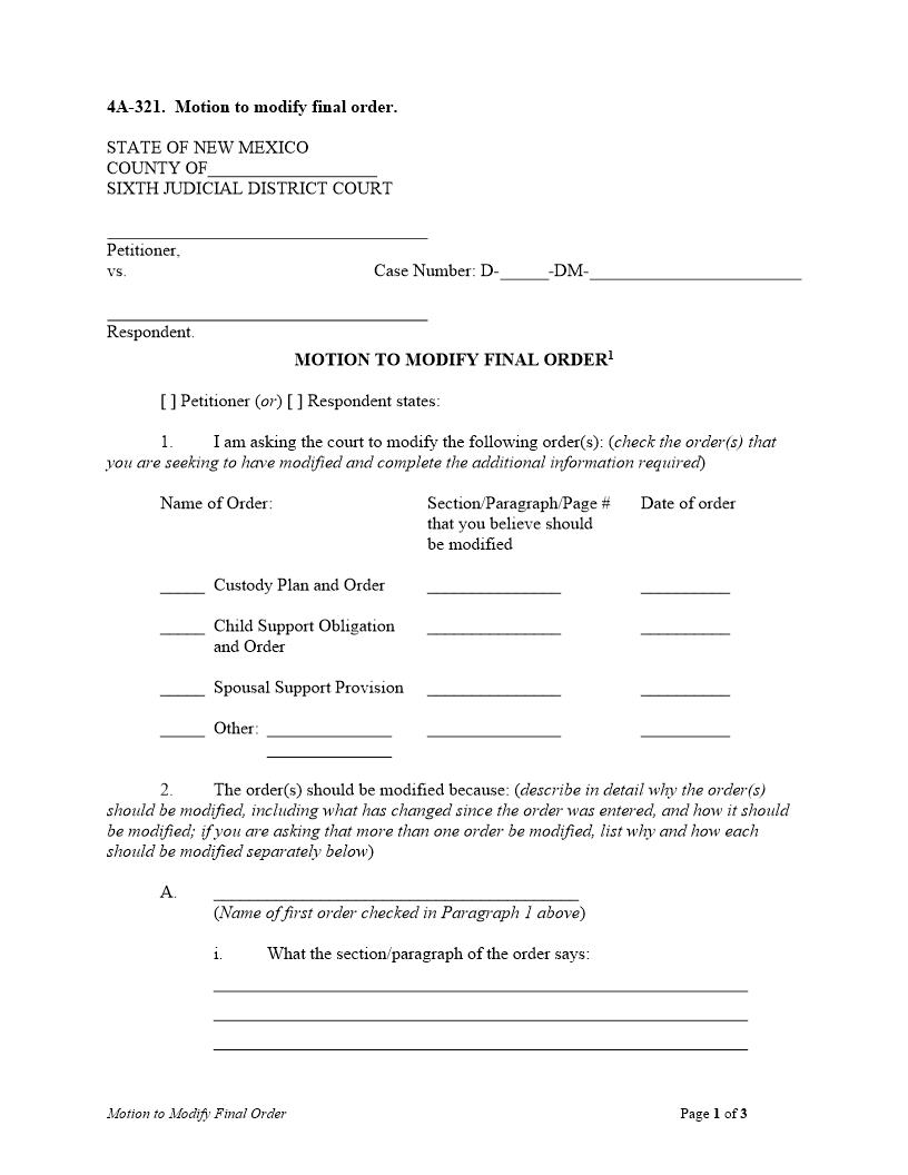 Motion To Modify Final Order | Pdf Fpdf Docx | New Mexico