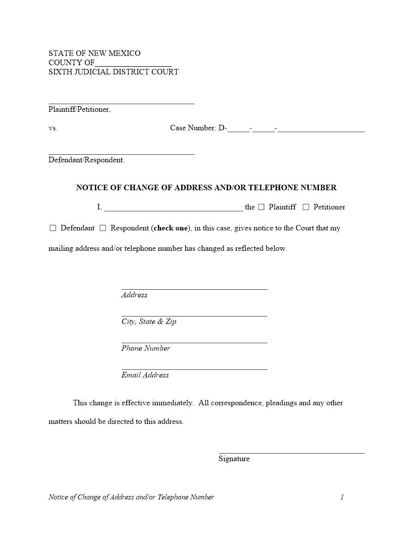 Notice Of Change Of Address Or Telephone Number | Pdf Fpdf Docx | New Mexico