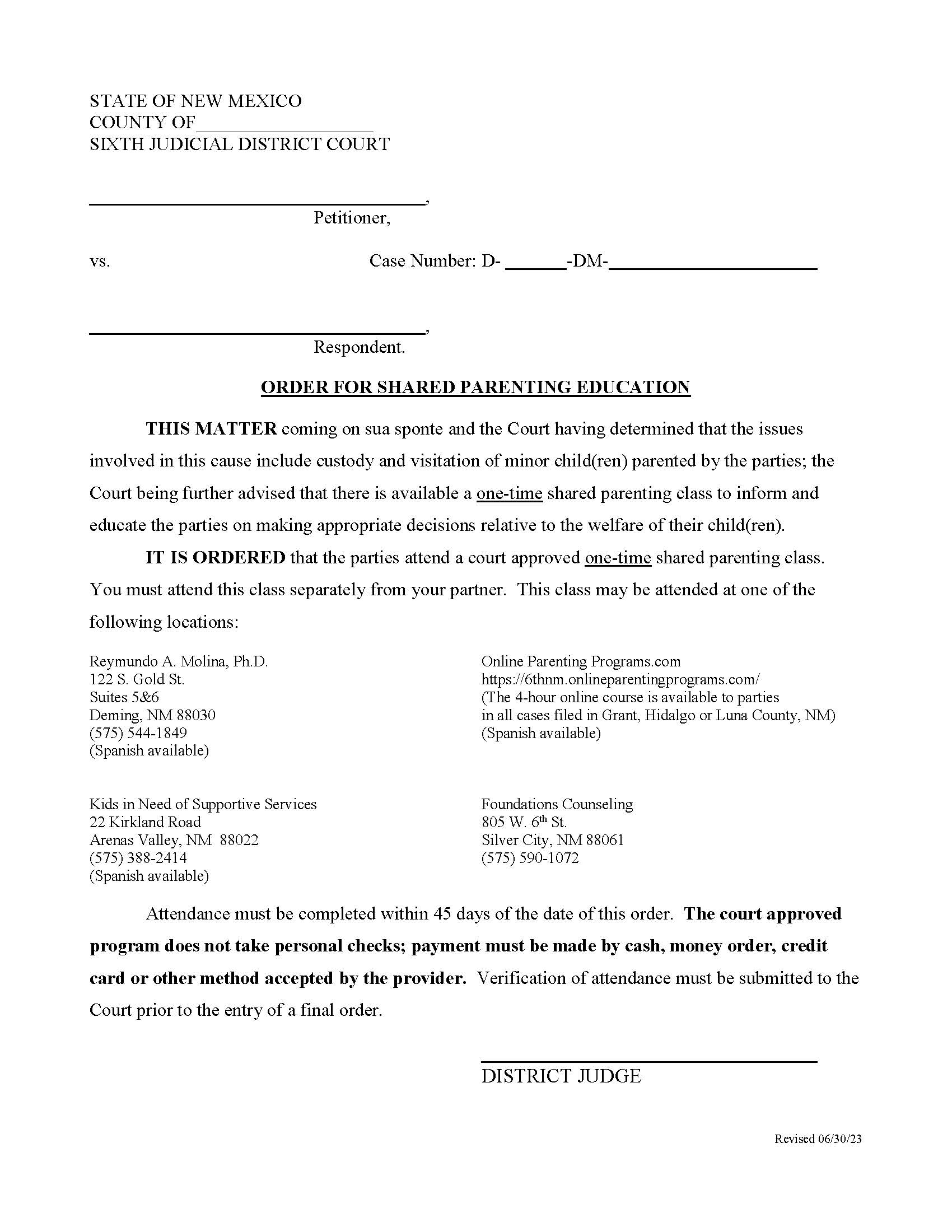 Order For Shared Parenting Education | Pdf Fpdf Docx | New Mexico