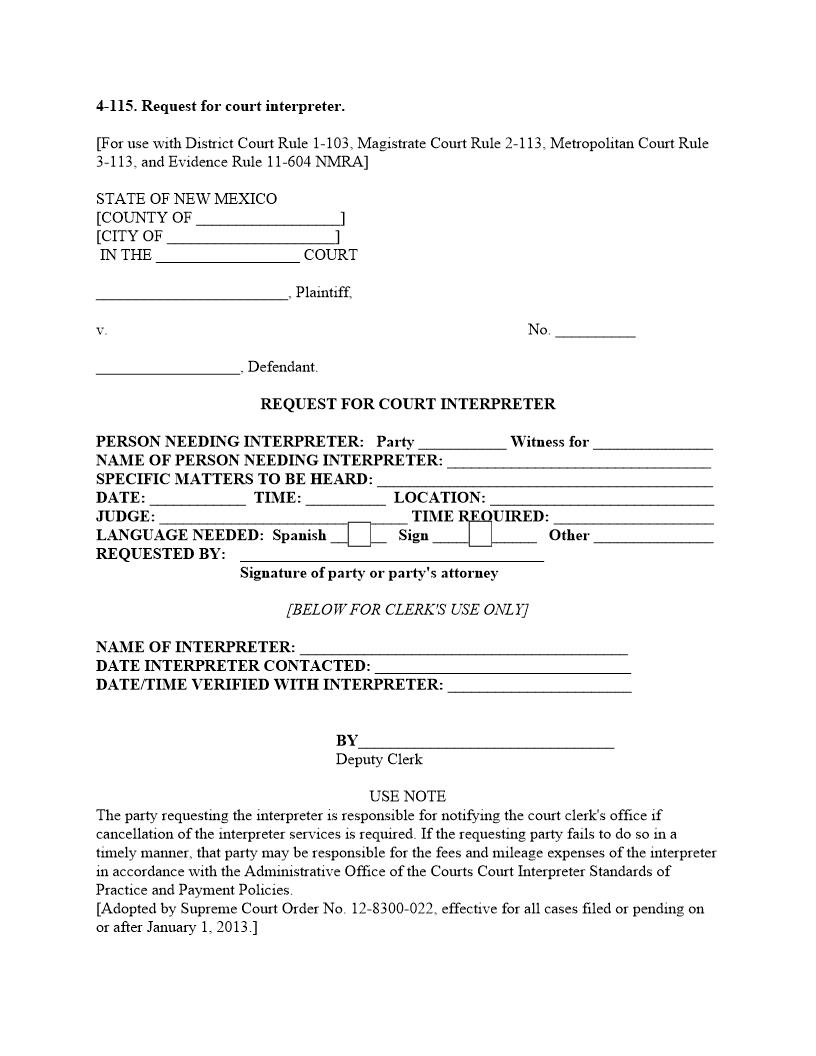 Request For Court Interpreter | Pdf Fpdf Docx | New Mexico