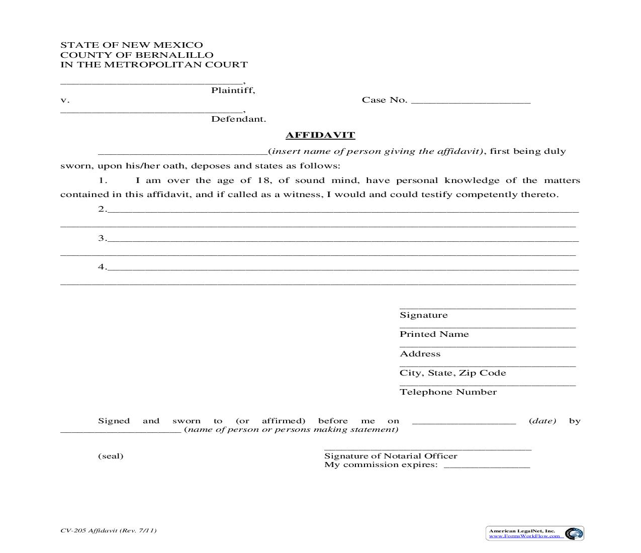Affidavit {CV-205} | Pdf Fpdf Doc Docx | New Mexico