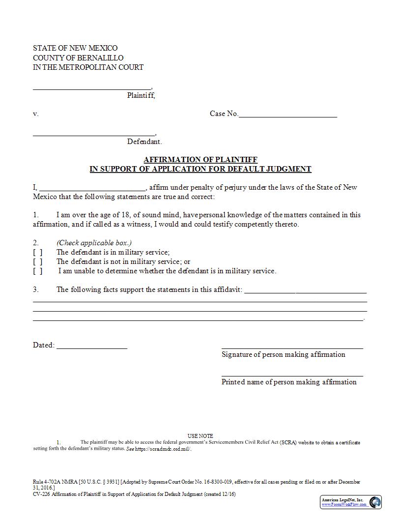 Affirmation Of Plaintiff For Default Judgment {CV-226} | Pdf Fpdf Docx | New Mexico