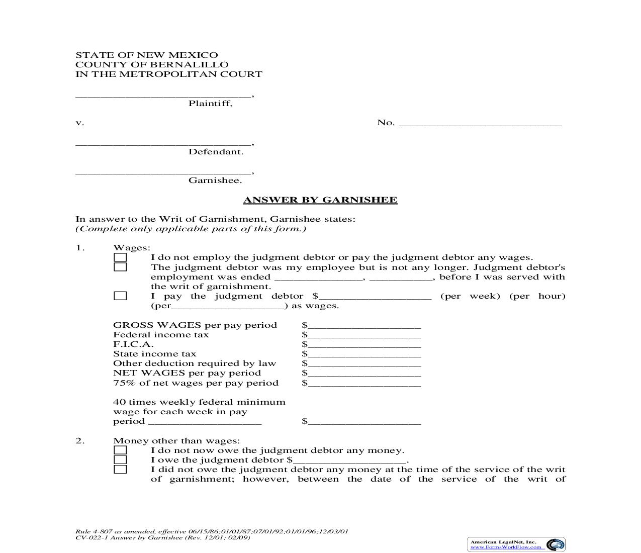 Answer By Garnishee {4-807} | Pdf Fpdf Doc Docx | New Mexico