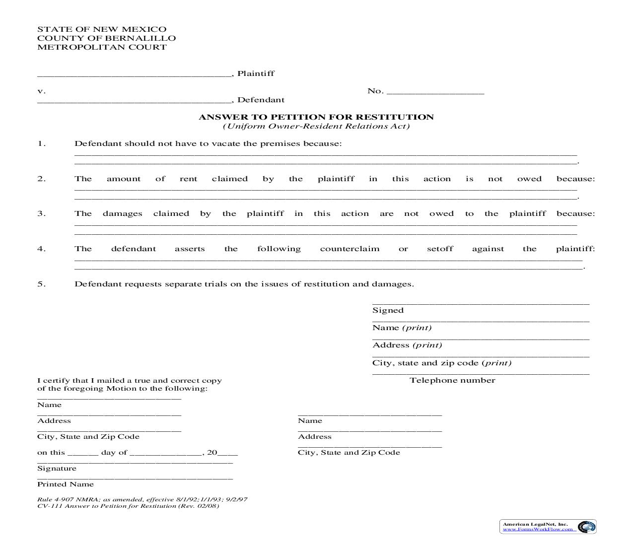 Answer To Petition For Restitution {4-907} | Pdf Fpdf Doc Docx | New Mexico