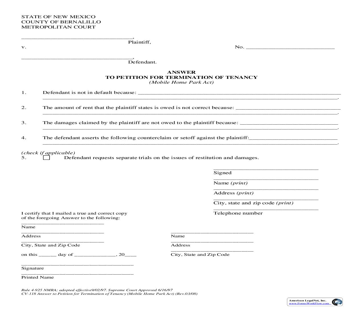 Answer To Petition For Termination Of Tenancy {4-925} | Pdf Fpdf Doc Docx | New Mexico