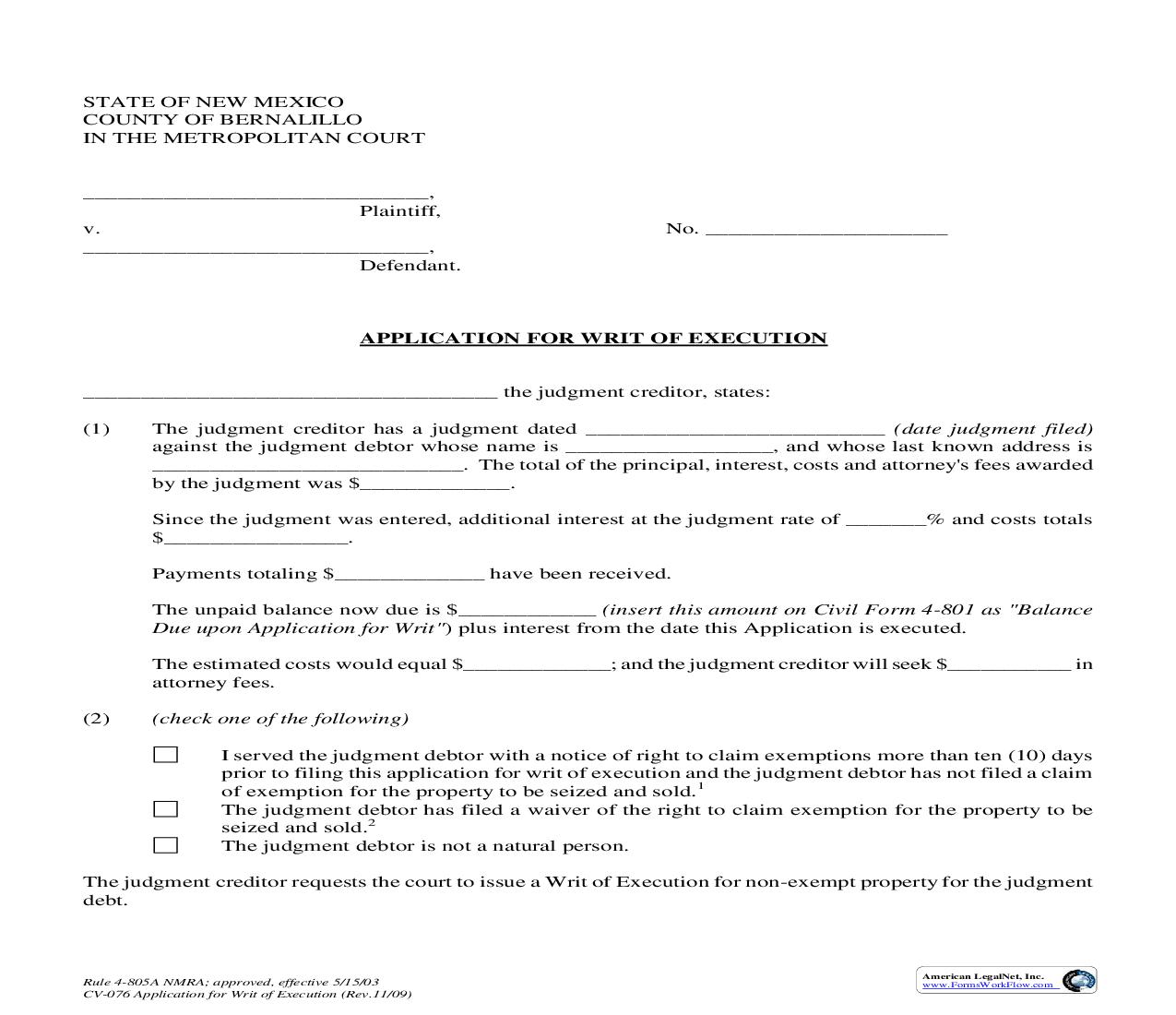 Application For Writ Of Execution {4-805A} | Pdf Fpdf Doc Docx | New Mexico