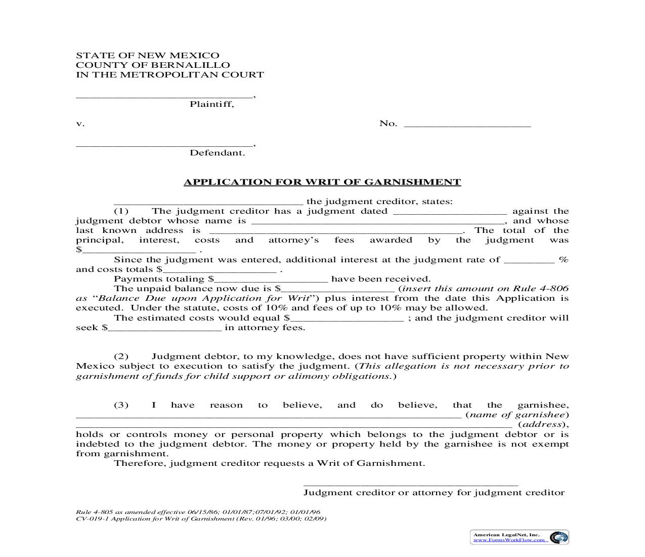 Application For Writ Of Garnishment {4-805} | Pdf Fpdf Doc Docx | New Mexico