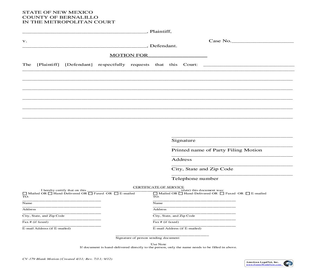 Blank Motion {CV-179} | Pdf Fpdf Doc Docx | New Mexico