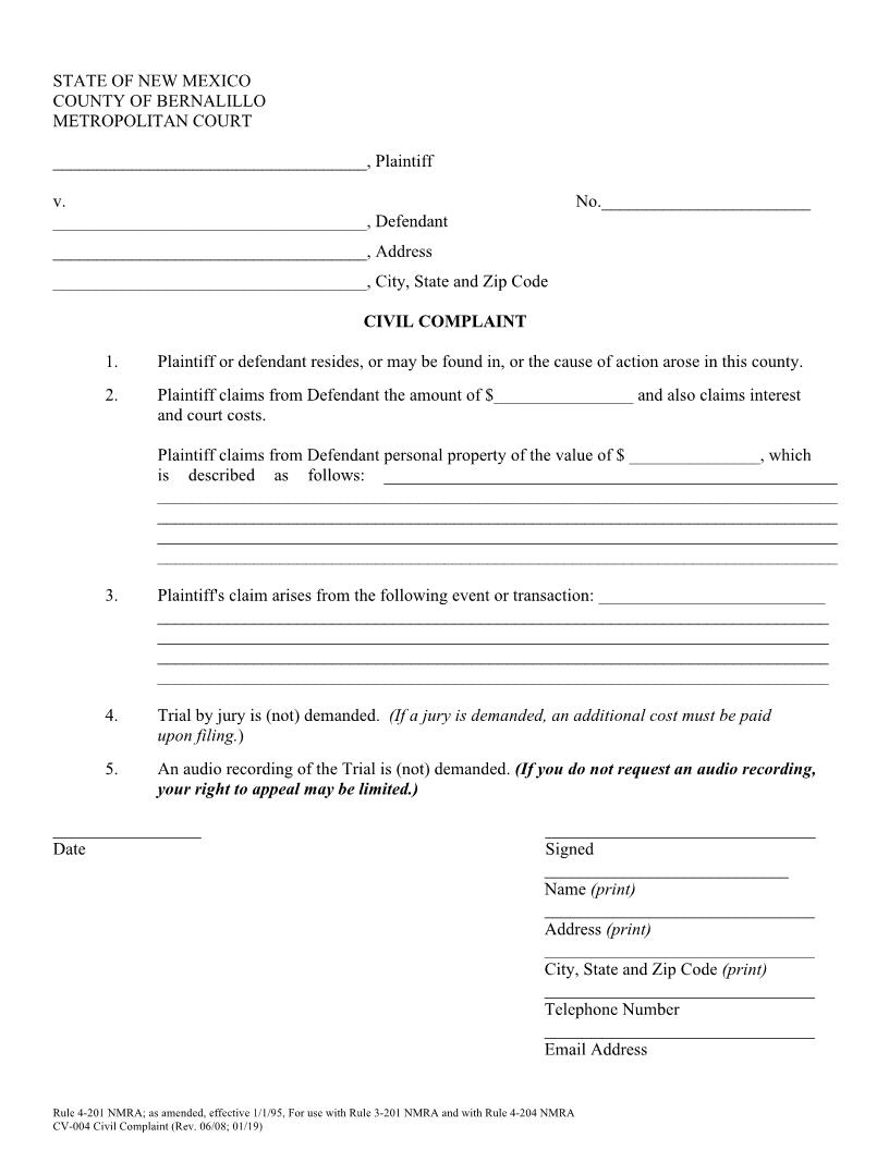 Civil Complaint {CV-004} | Pdf Fpdf Docx | New Mexico