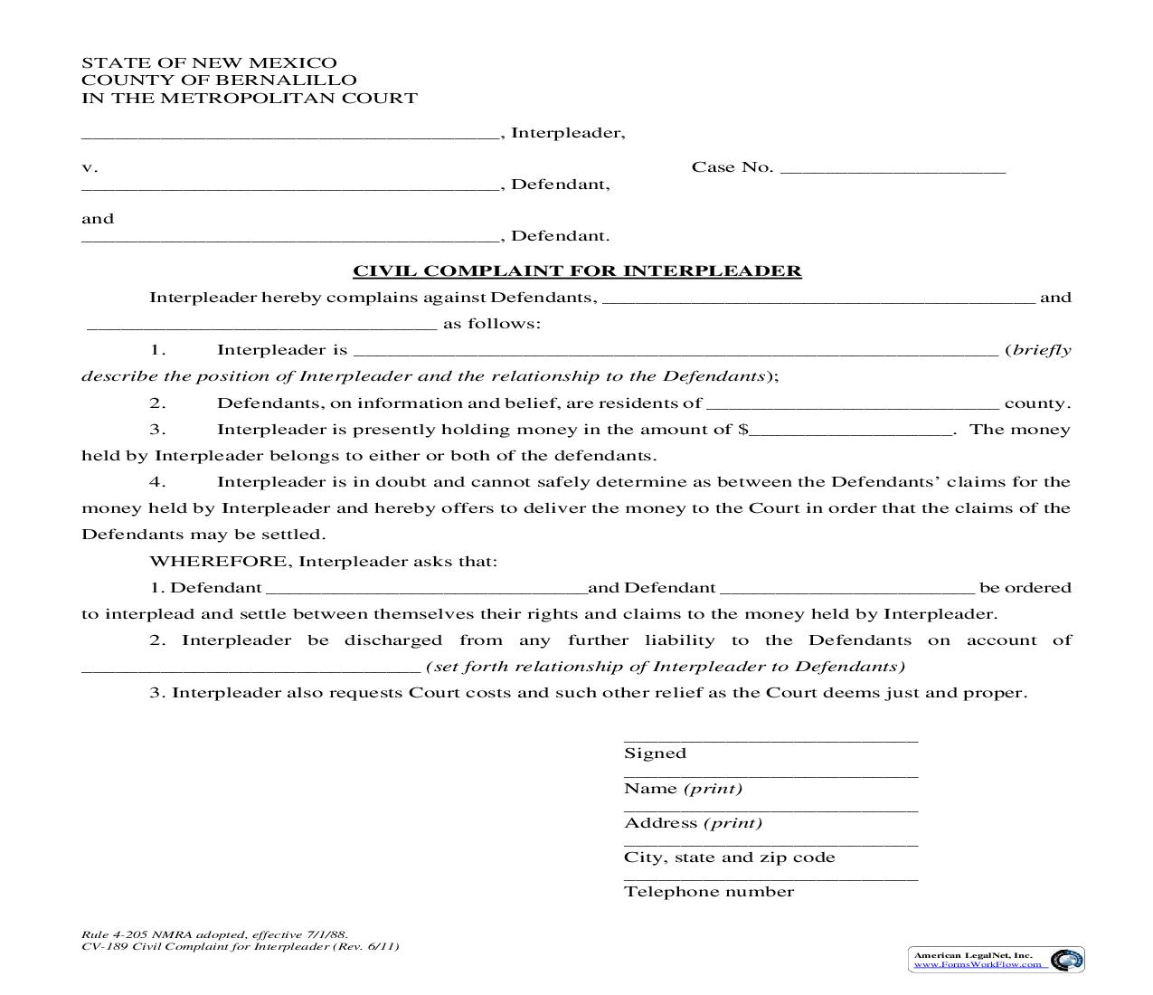 Civil Complaint For Interpleader {4-205} | Pdf Fpdf Doc Docx | New Mexico