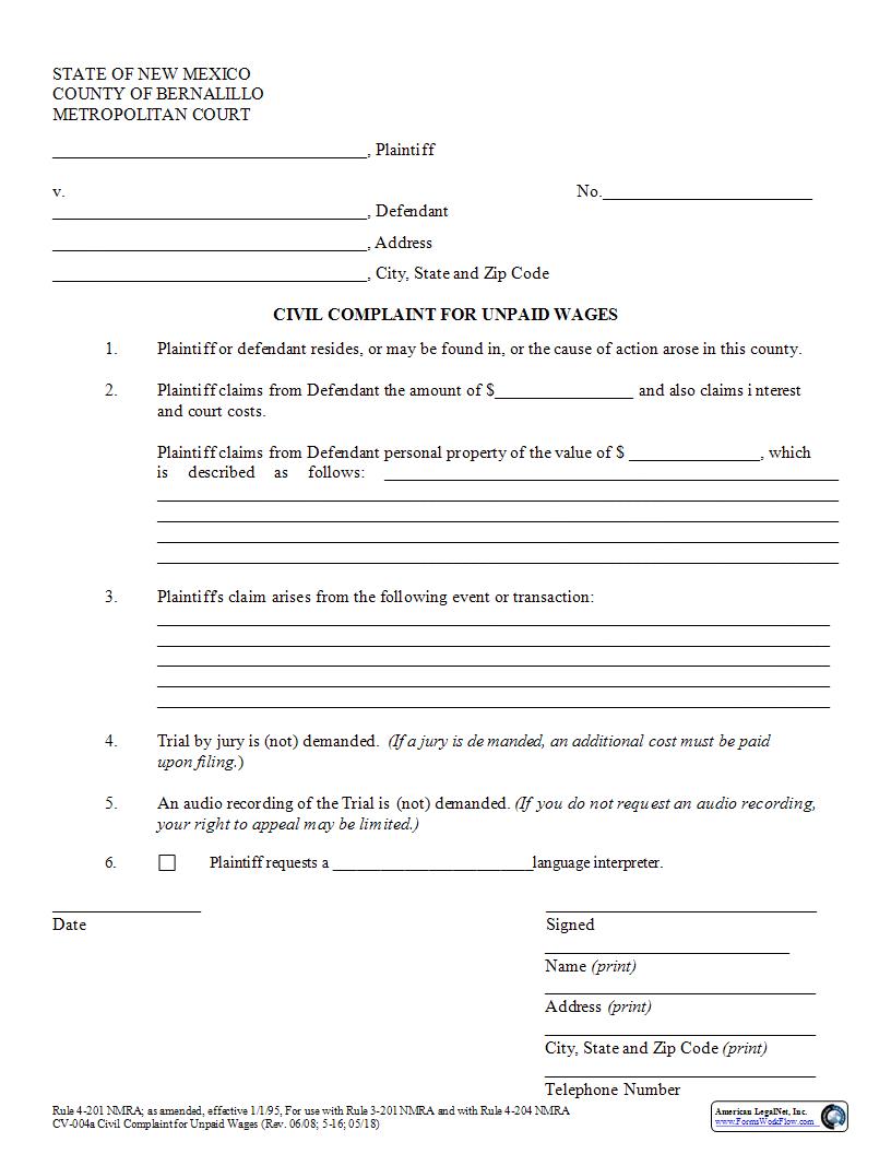 Civil Complaint For Unpaid Wages {CV-004a} | Pdf Fpdf Docx | New Mexico