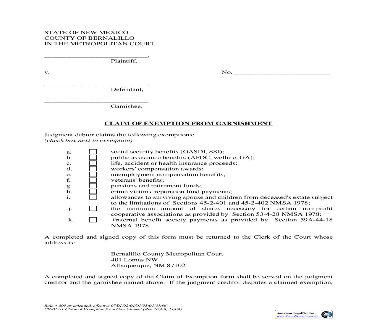 Claim of Exemption From Garnishment {4-809} | Pdf Fpdf Doc Docx | New Mexico