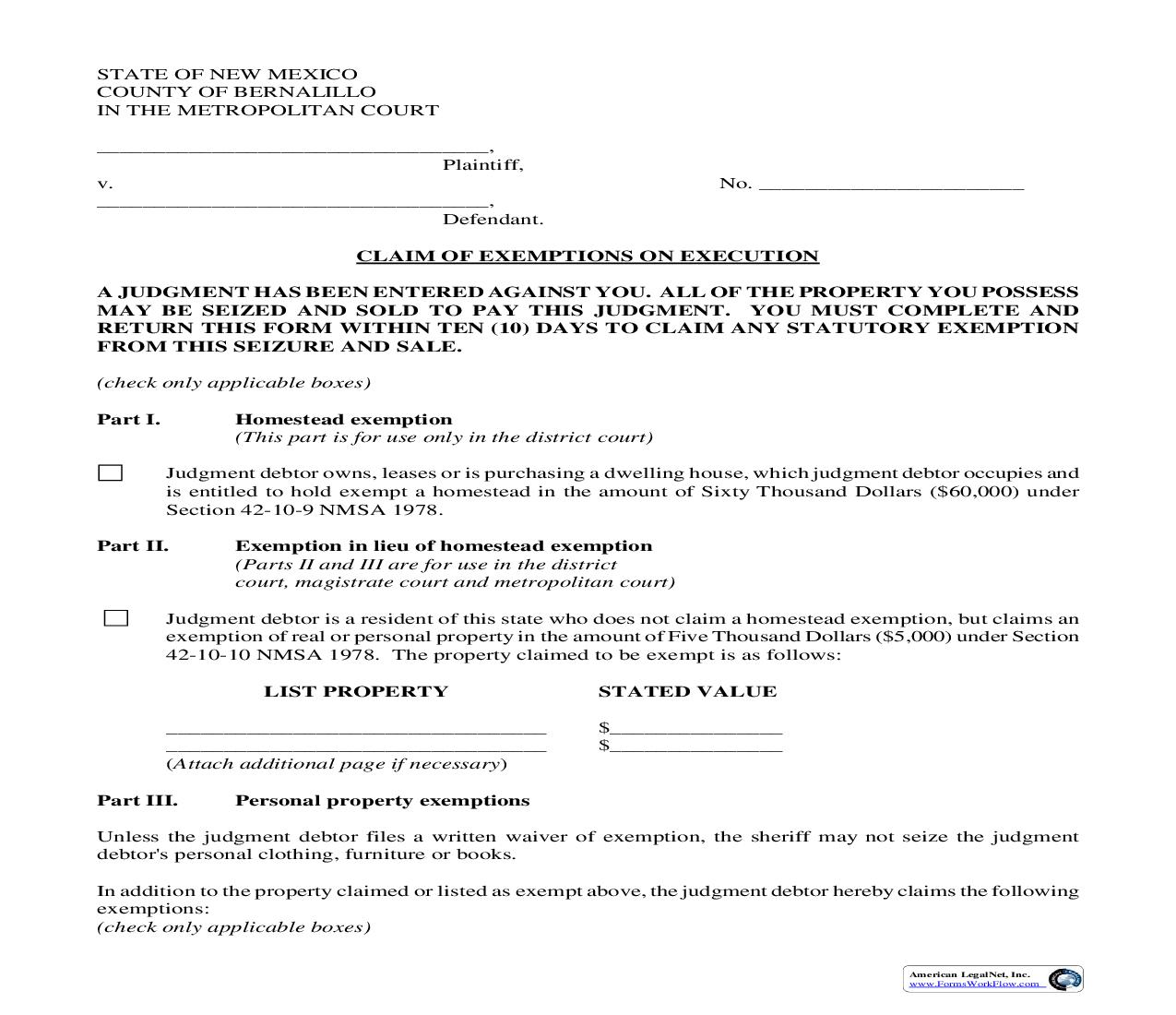 Claims Of Exemptions On Execution {4-803} | Pdf Fpdf Doc Docx | New Mexico