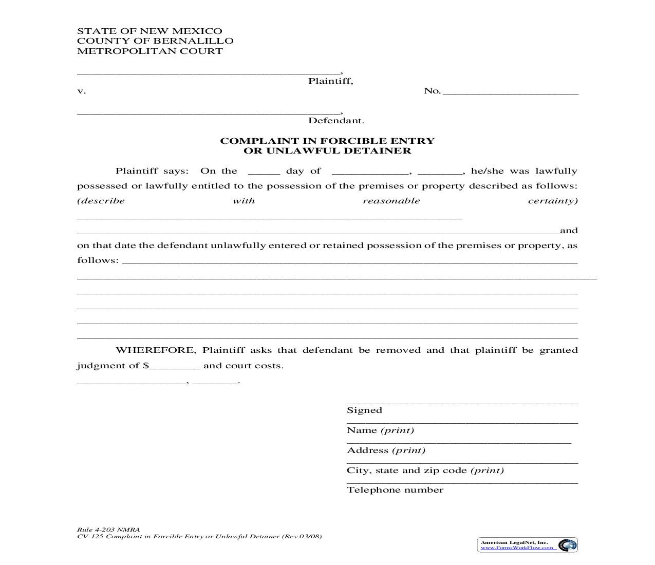 Complaint In Forcible Entry Or Unlawful Detainer {4-203} | Pdf Fpdf Doc Docx | New Mexico