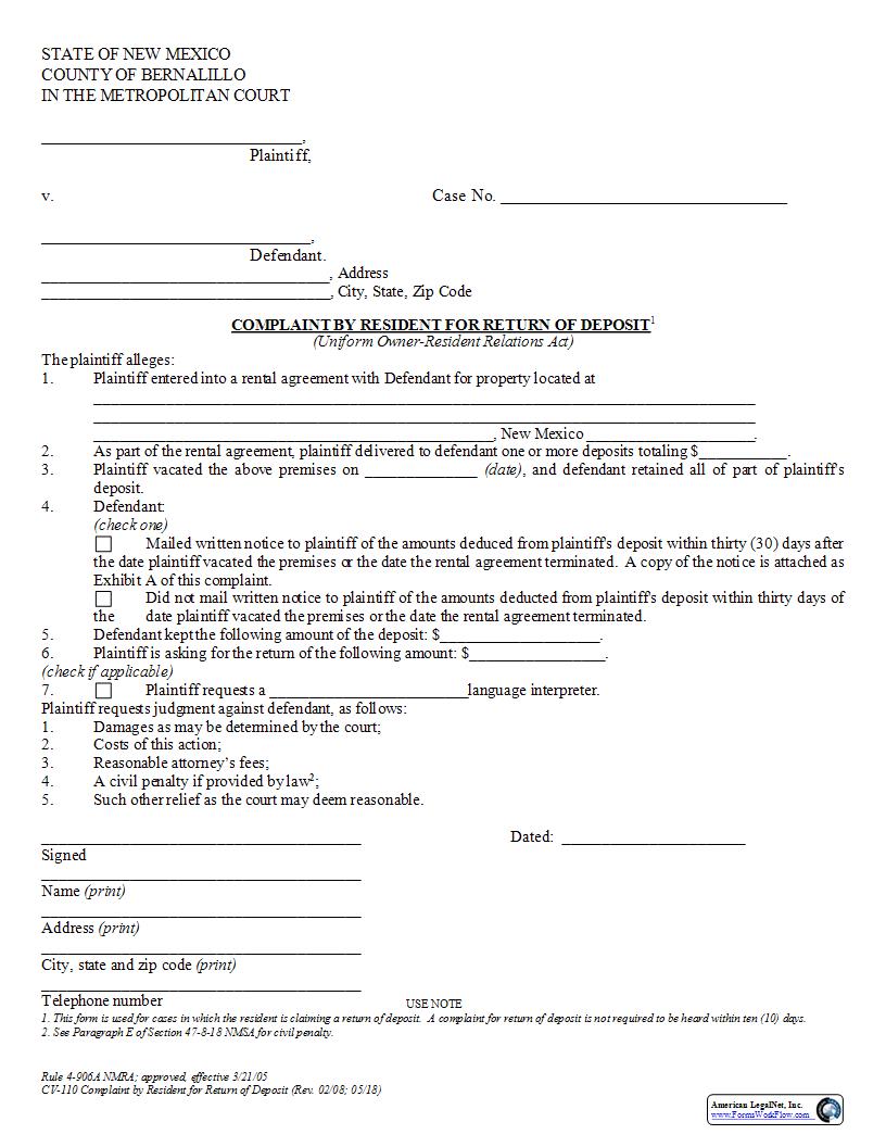 Complaint by Resident for Return of Deposit {CV-110} | Pdf Fpdf Docx | New Mexico
