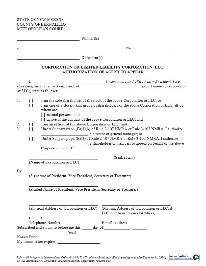 Corporation Or LLC Authorization For Agent {CV-228} | Pdf Fpdf Docx | New Mexico