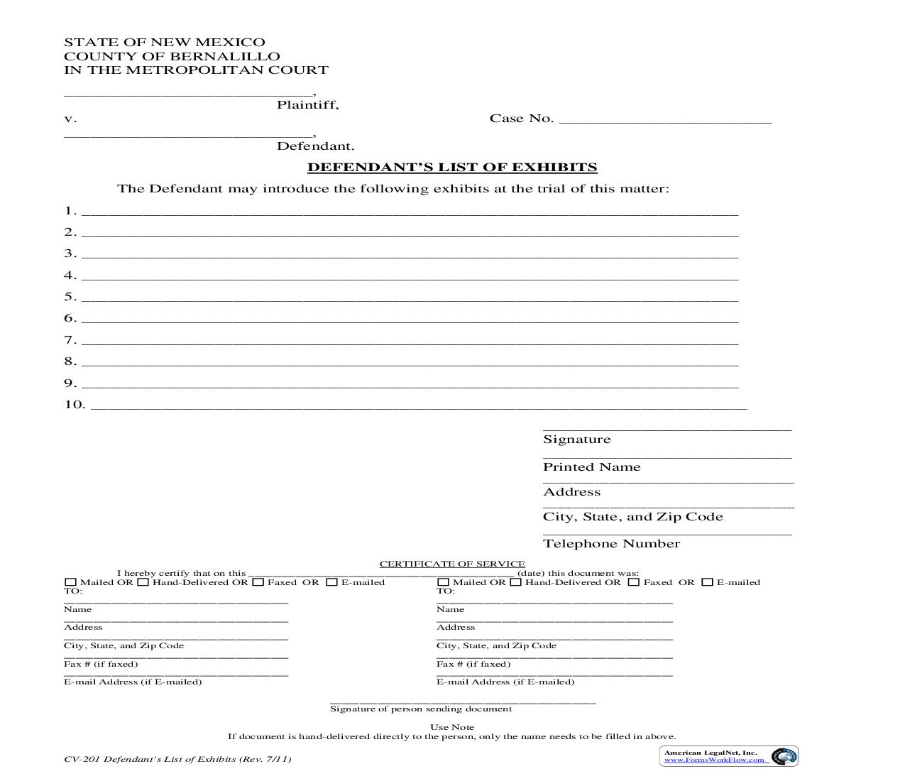 Defendants List Of Exhibits {CV-201} | Pdf Fpdf Doc Docx | New Mexico