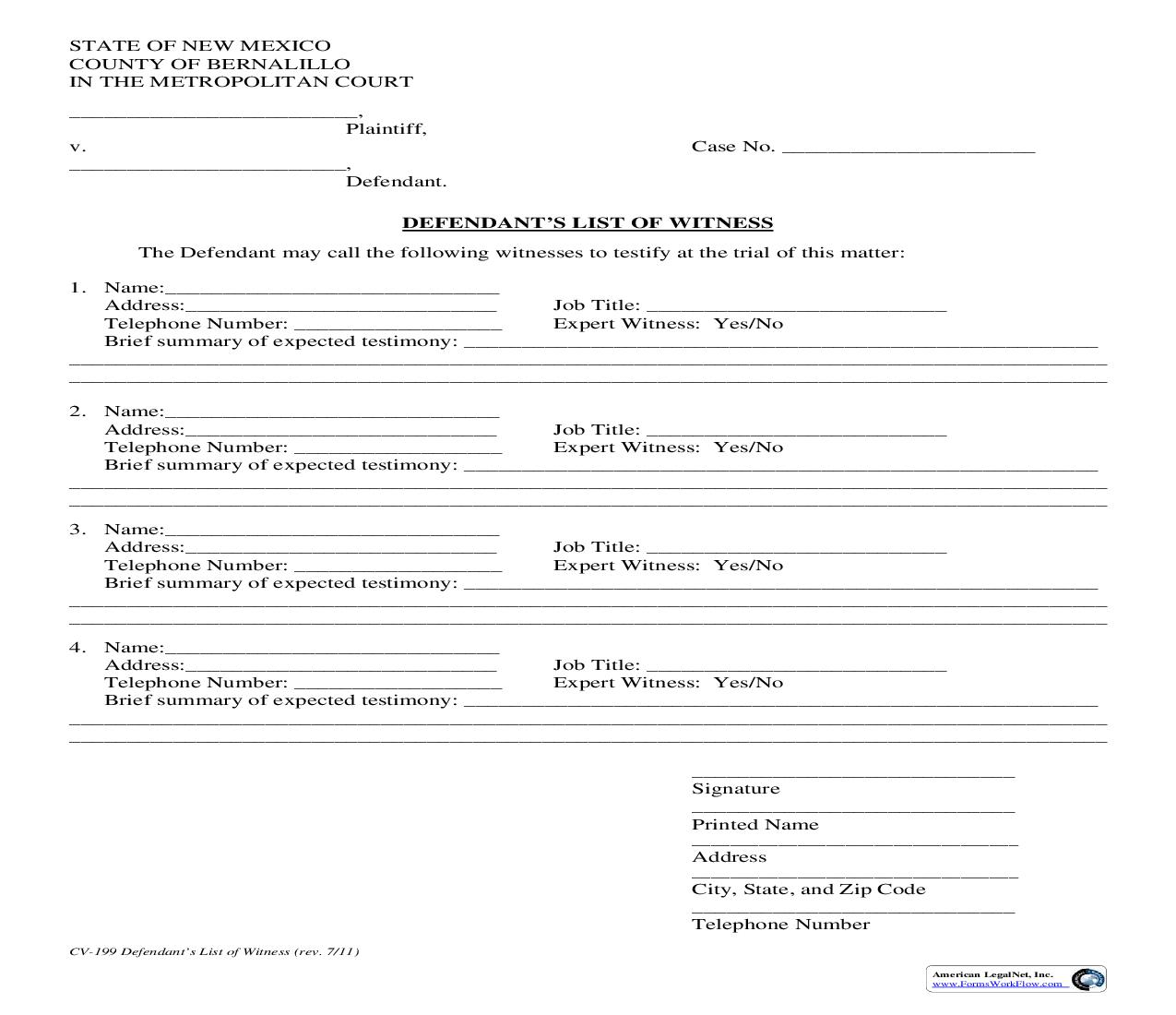 Defendants List Of Witnesses {CV-199} | Pdf Fpdf Doc Docx | New Mexico