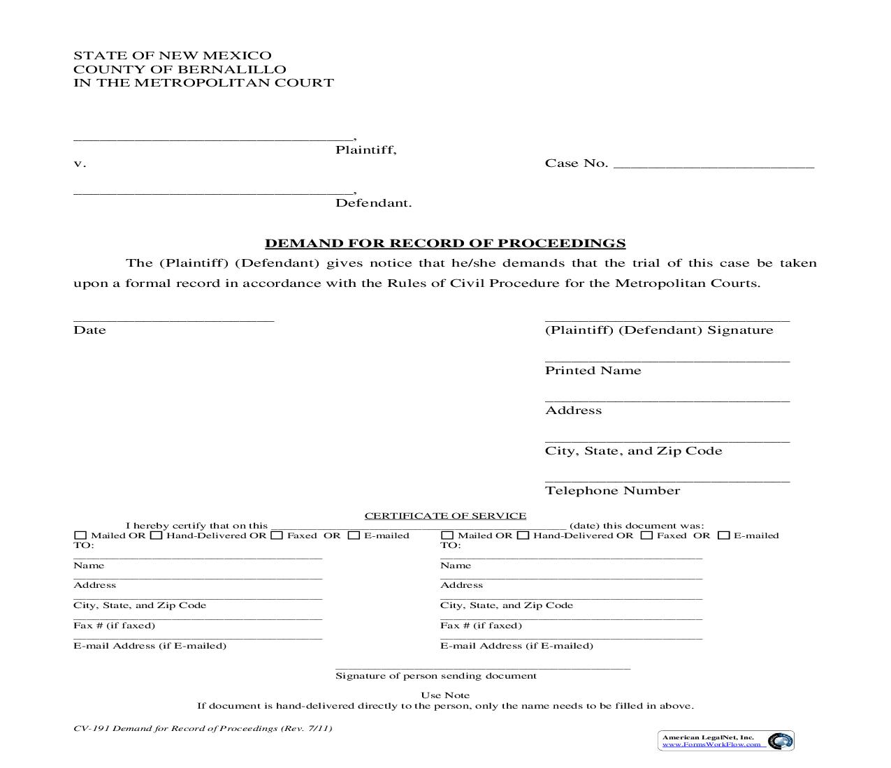 Demand For Record Of Proceedings {CV191} | Pdf Fpdf Doc Docx | New Mexico